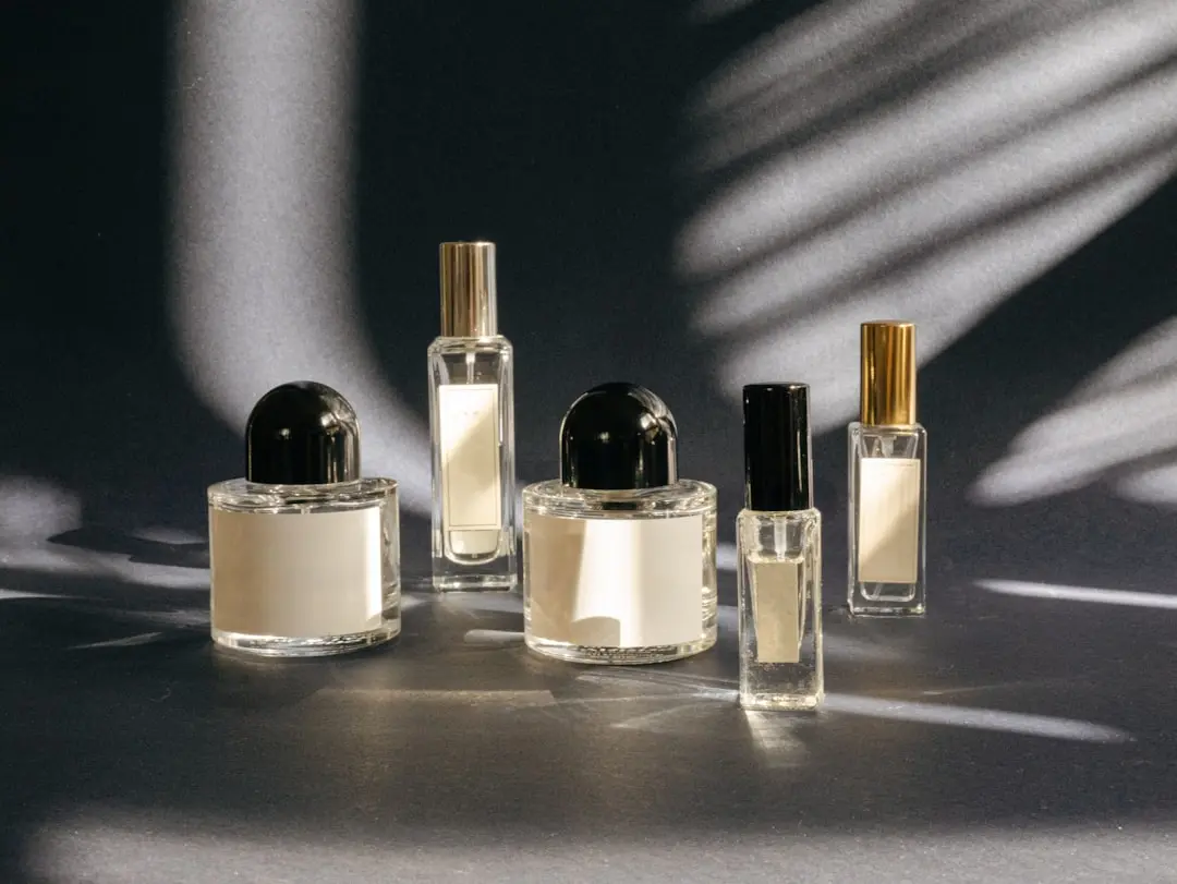 A group of perfume bottles arranged together on a table